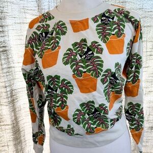 Womens Pullover Sweatshirt with Cats & Monstera PlantsOrange Planter Print